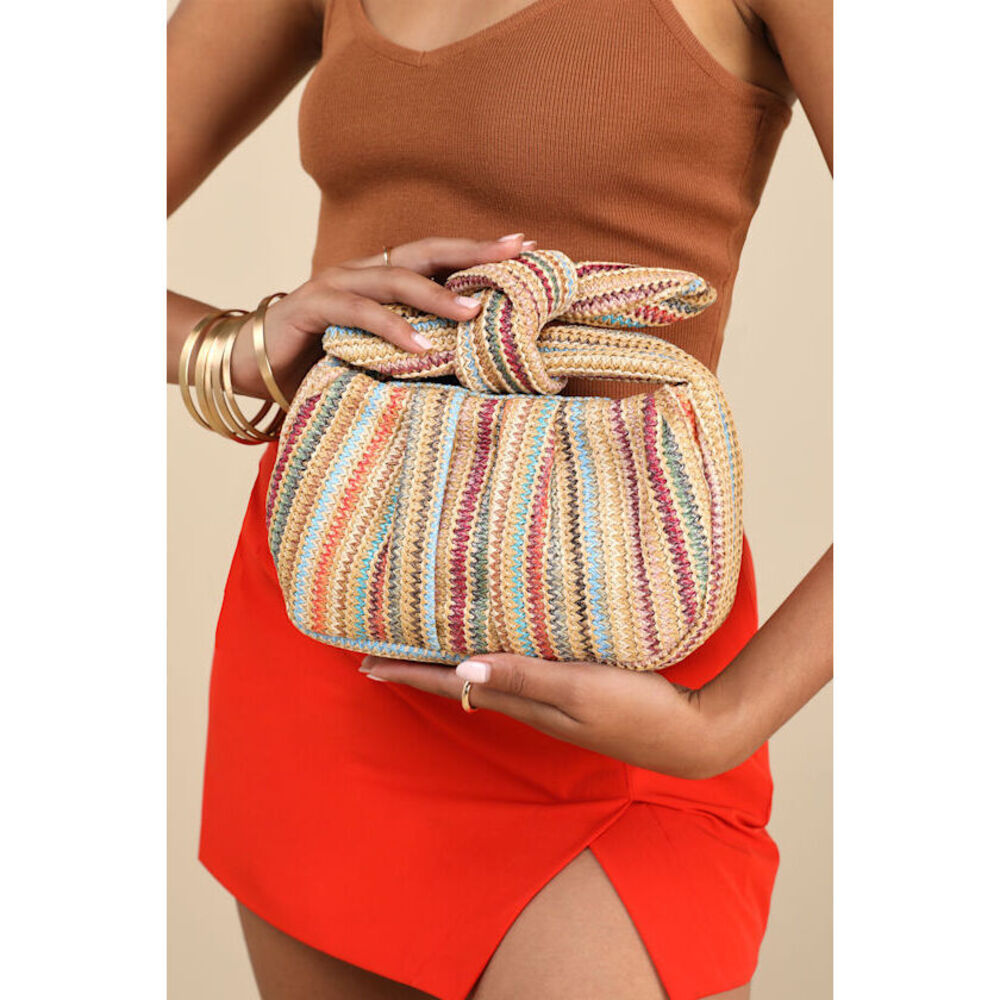 Lulus Essential Style Beige Multi Striped Woven Knot Handle Clutch